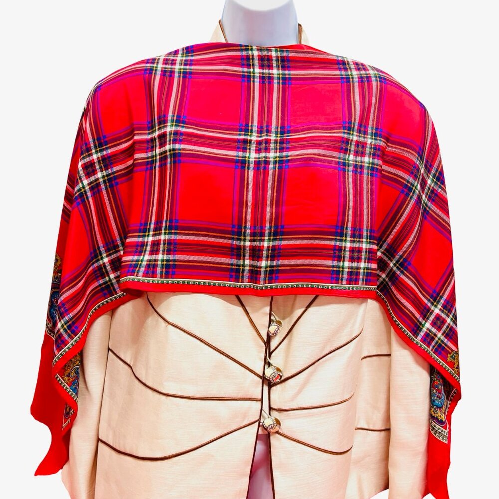 Beautiful Yves Saint Laurent YSL  Silk Satin Scarf 60"x15" Red Green Fringe (22 - Picture 13 of 14